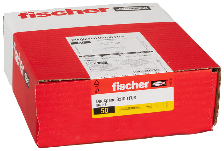 fischer DuoXpand 8 x 100 FUS, hochwertiger Universaldübel mit Sechskantschraube & angeformter U-Sche