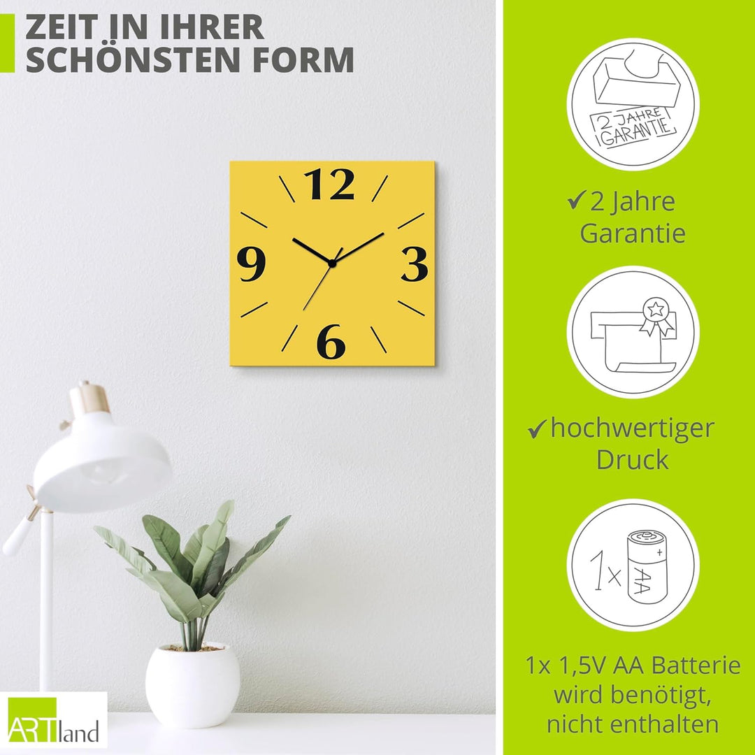ARTLAND Wanddeko Wanduhr ohne Tickgeräusche Alu Quarzuhr 30x30 cm Quadratisch Lautlos 4 Ziffern Farb