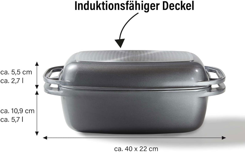 STONELINE Bräter Induktion 40 x 22 cm, 5,6 L, backofengeeignet, Deckel als Auflaufform verwendbar, A