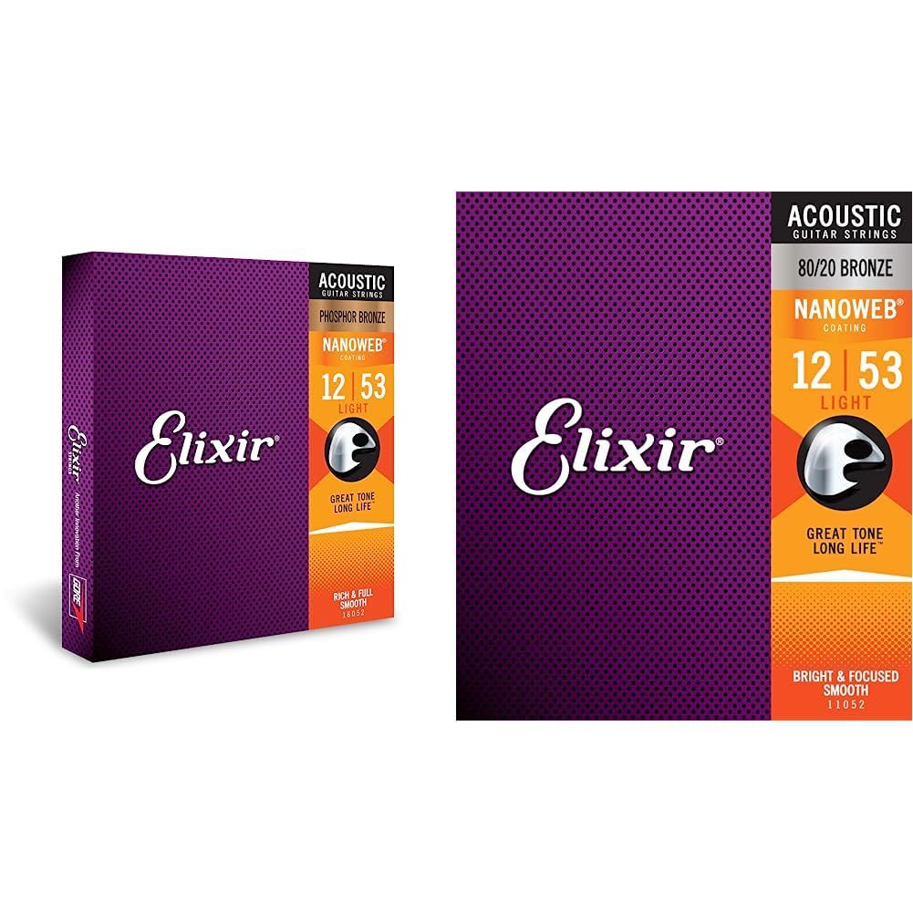 Elixir® 16052 Saiten Phosphor Bronze Akustik-Gitarrensaiten mit NANOWEB® Beschichtung, Light (.012-.