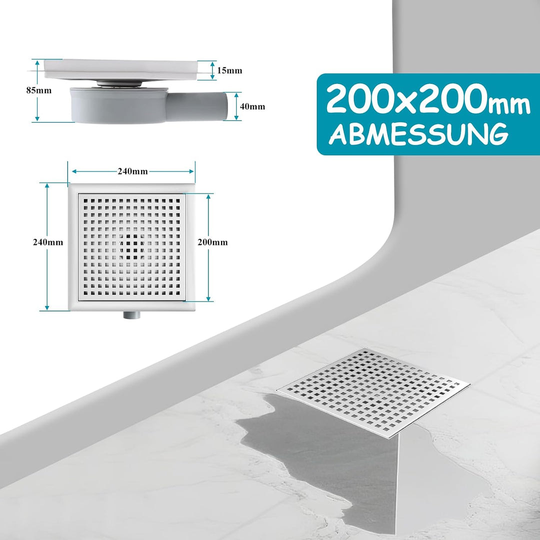 20x20cm Bodenablauf mit 360° Siphon, Duschablauf mit Edelstahlsieb & Schnellentwässerung für Dusche,