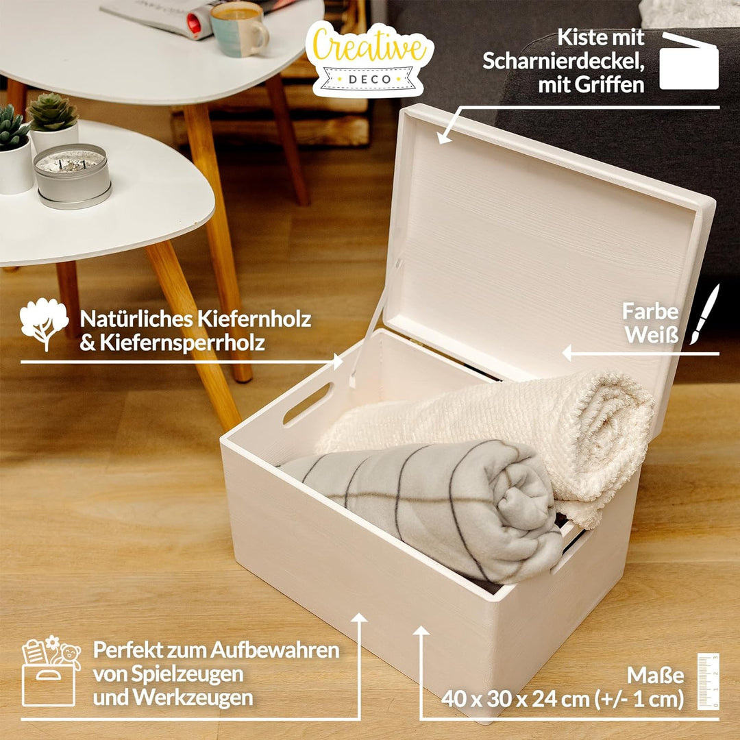 Creative Deco XXL Weiss Grosse Holzkiste mit Deckel | 40x30x24 cm (+/-1cm) | Holztruhe Erinnerungsbo