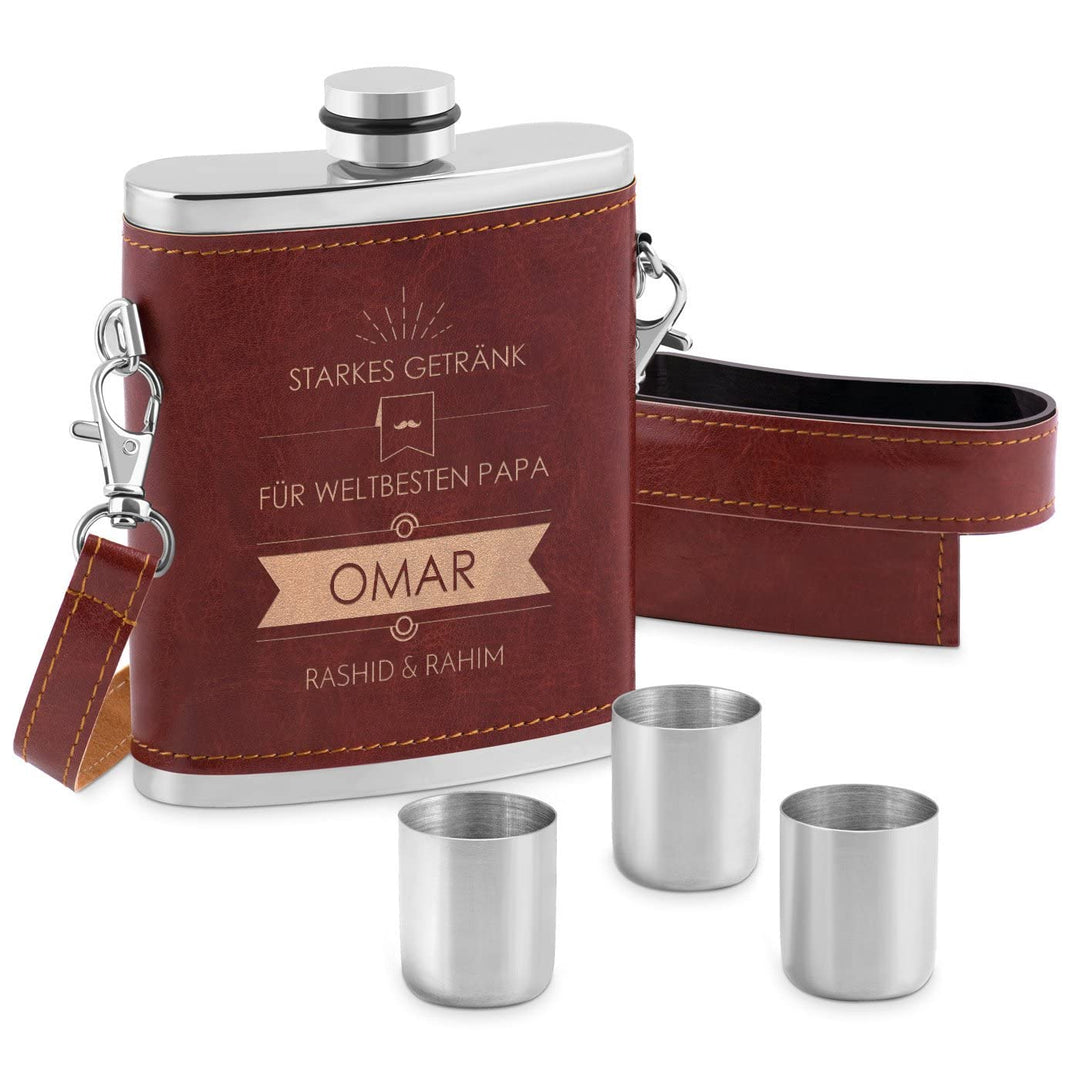 Maverton Flachmann mit Gravur - personalisiert - 250 ml - 3x10 ml Becher - aus Edelstahl - Ledertasc