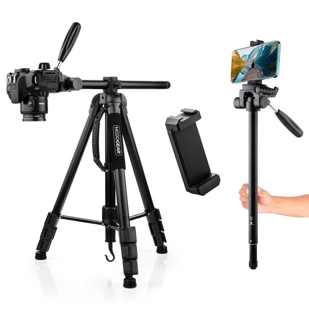 MOJOGEAR 179 cm 3-in-1-Stativ: Tripod, Einbeinstativ und horizontaler Arm für Top-Aufnahmen – mit Te