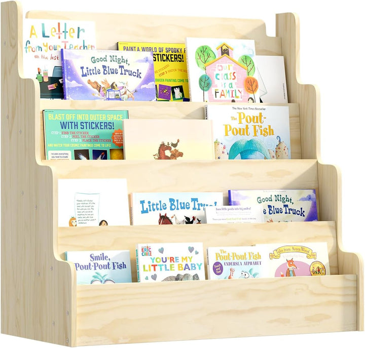 Bücherregal Kinder aus Kieferholz, Kinderregal mit 4 Ablage Montessori Regal stehend für Kinderzimme