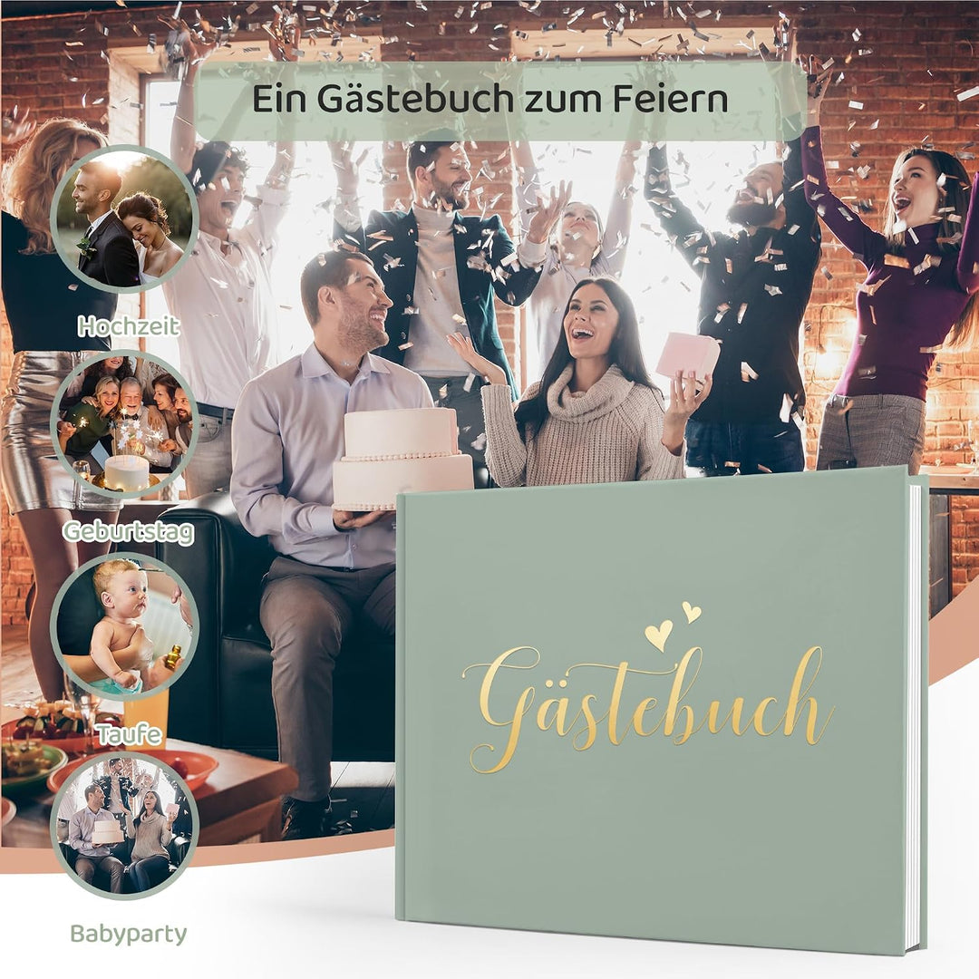Hyggartn Grünes Hochzeitsgästebuch mit Stickern – Edles Hardcover Gästebuch mit Goldprägung, 100 Sei