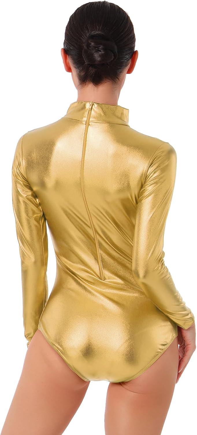 FYMNSI Damen Glänzende Ballettanzug Ballettbody Sport Tanz Body Gymnastikanzug Trikot Langarm Bodysu