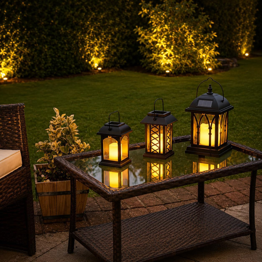 Festive Lights 3-er Set: Schwarze Solar Laternen mit LED Kerzen und täuschend echt wirkenden Flacker