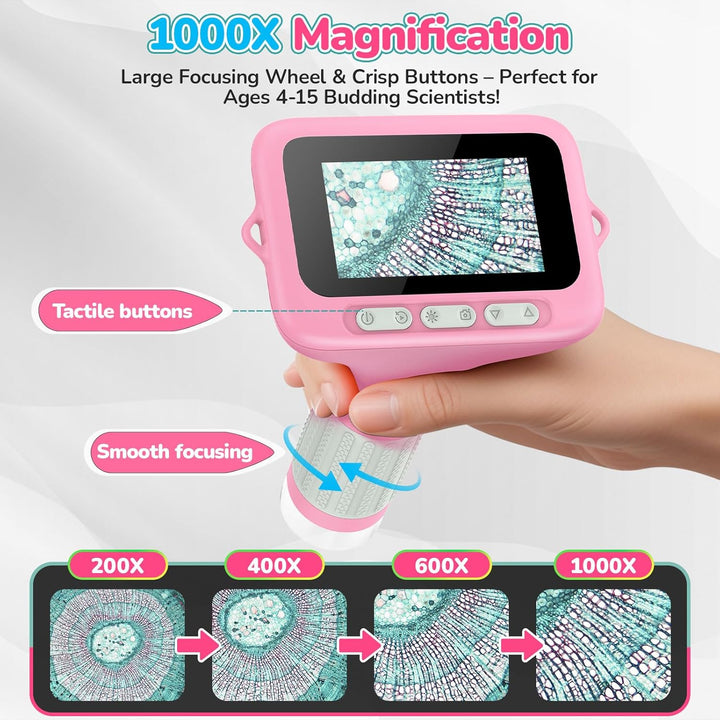 Digitales Mikroskop für Kinder, 7,6 cm (3 Zoll), 1000 x wiederaufladbar, Mini-Taschenlupe, tragbare