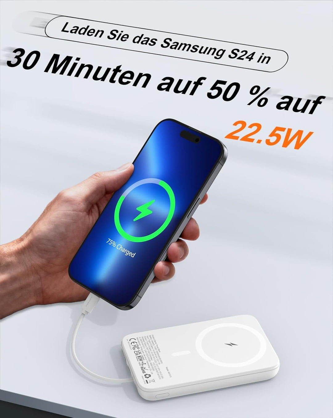 AsperX PD 22.5W 10000mAh Magnetische Powerbank für MagSafe | Mit USB-C Kabel,LED-Display,Portable Sl