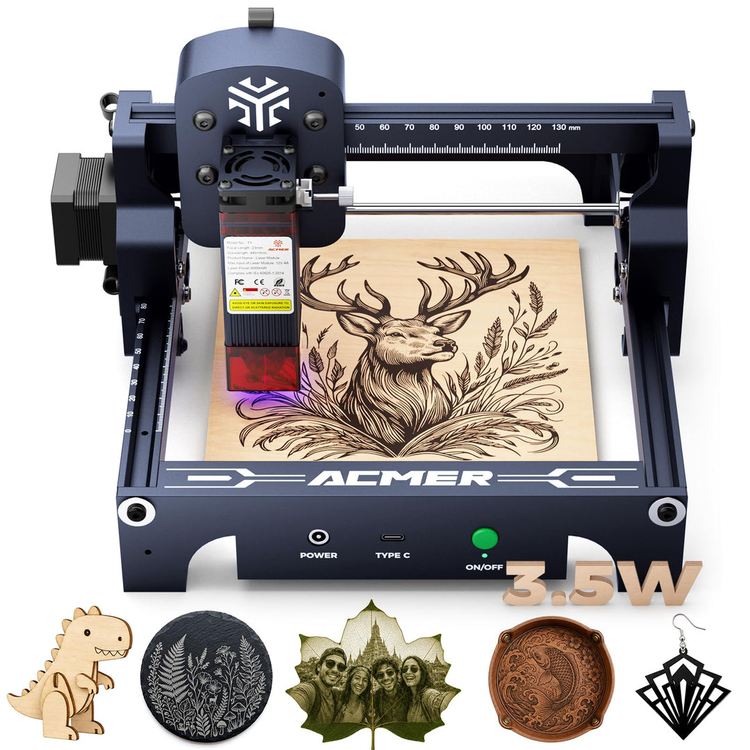 Acmer T1 3,5W Laser Gravur Maschine,Kompakter Laser Cutter für Werkstatt,130×130mm,10000 mm/min,0,01