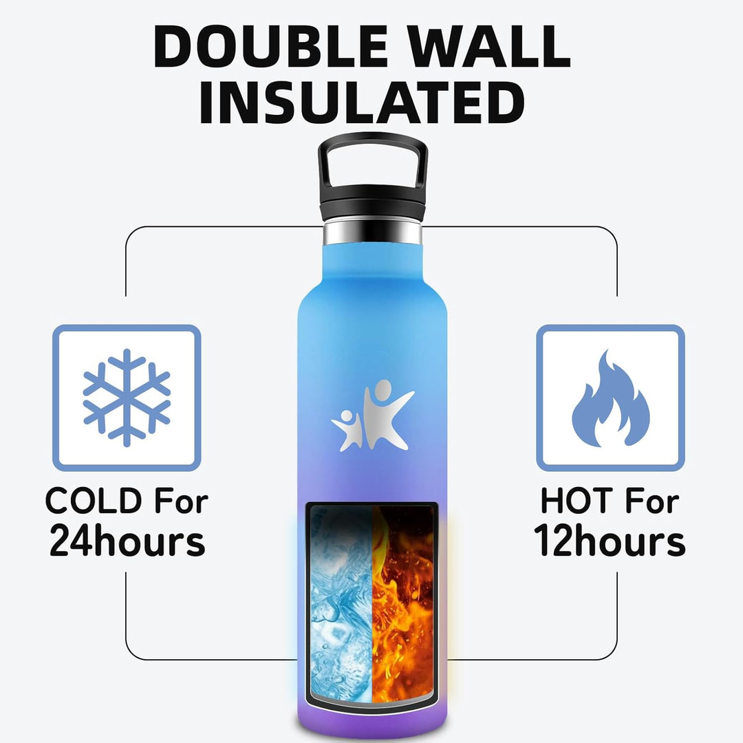 Trinkflasche Edelstahl, Sport Trinkflasche 1 liter, Thermosflasche Mit 2 Deckeln, Doppelwandige Vaku