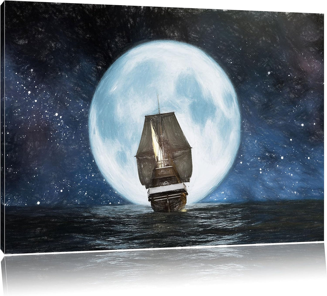 Pixxprint Segelschiff bei Vollmond als Leinwandbild/Grösse: 100x70 / Wandbild/Kunstdruck/fertig besp
