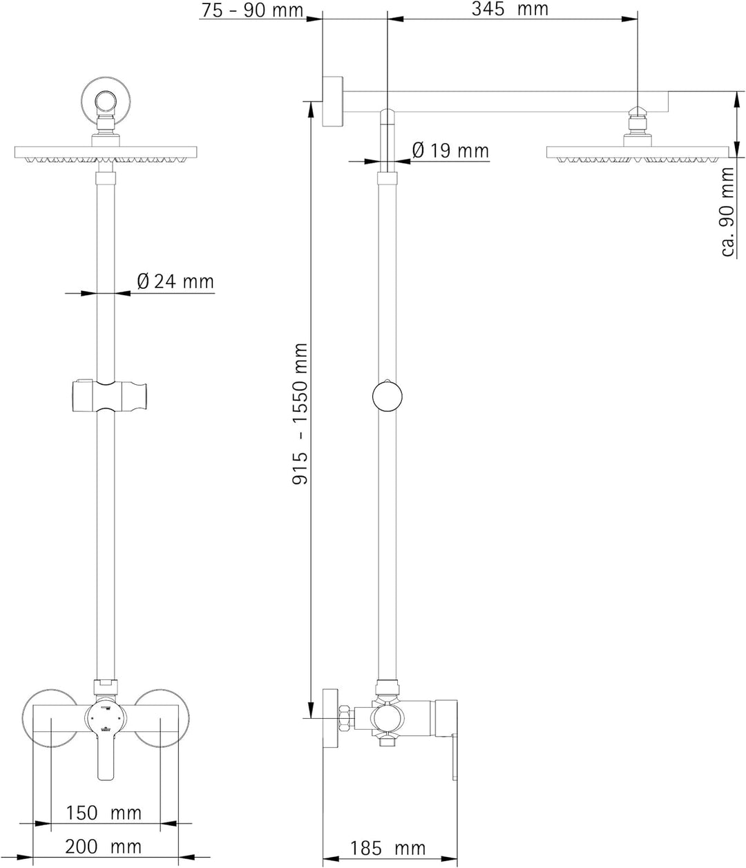 Duschsystem Regendusche mit Einhebelmischer und Kopfbrause eckig chrom von Schulte, Eckig