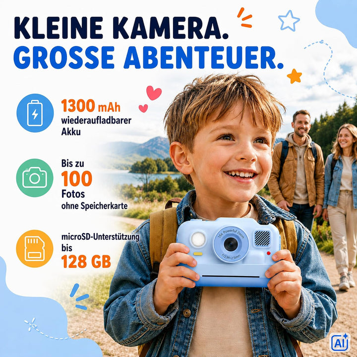 Denver Kinderkamera 48 MP mit Sofortdruck, Bluetooth, Full HD, Blau, Blau
