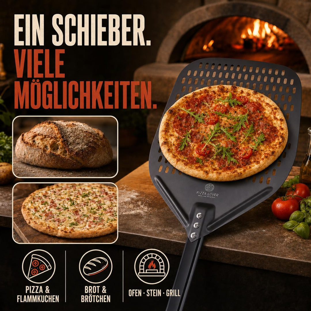 Pizza Lover® hochwertiger Pizzaschieber perforiert 30 x 30 cm Pizzaschaufel aus harteloxiertem Alumi