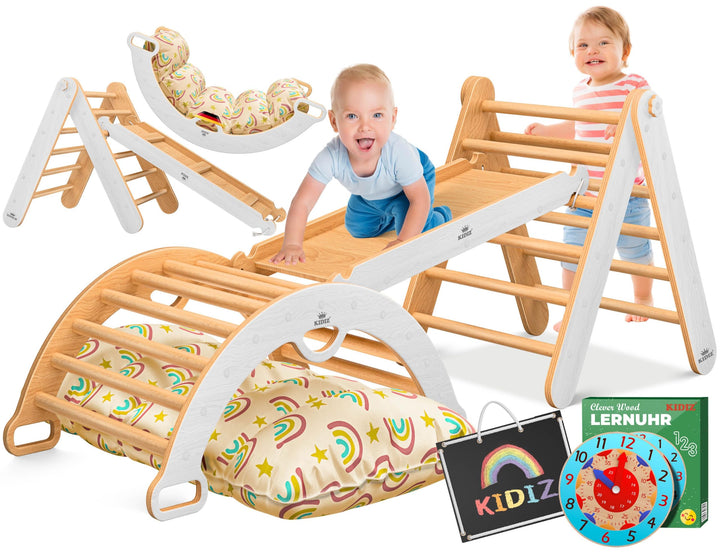 Kidiz® Klettergerüst Montessori 7in1 Spiel-Set mit Kletterbogen Rutsche Kletterdreieck aus Holz inkl