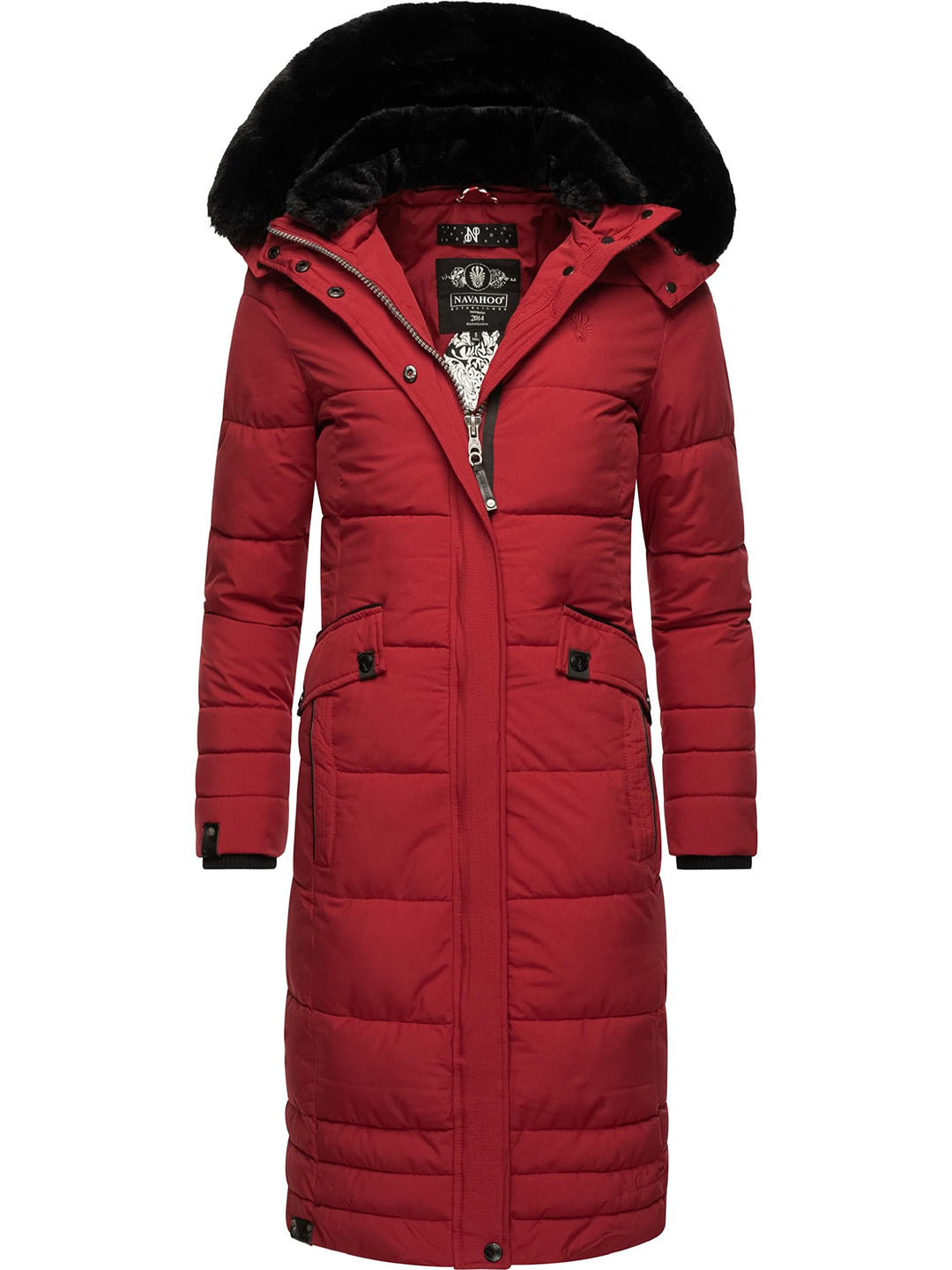 Navahoo Damen Wintermantel Warmer Steppmantel lang mit Abnehmbarer Kapuze Fahmiyaa XS-3XL XXL Dark R