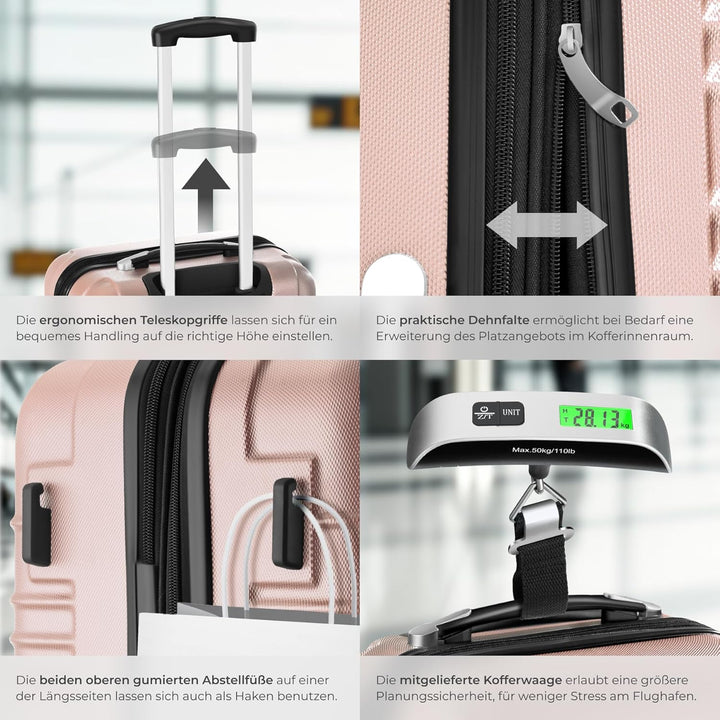 tectake®, 4tlg. Hartschalenkoffer Set, Reisekoffer Set mit Rollen, Hartschale aus ABS, Koffer Set mi