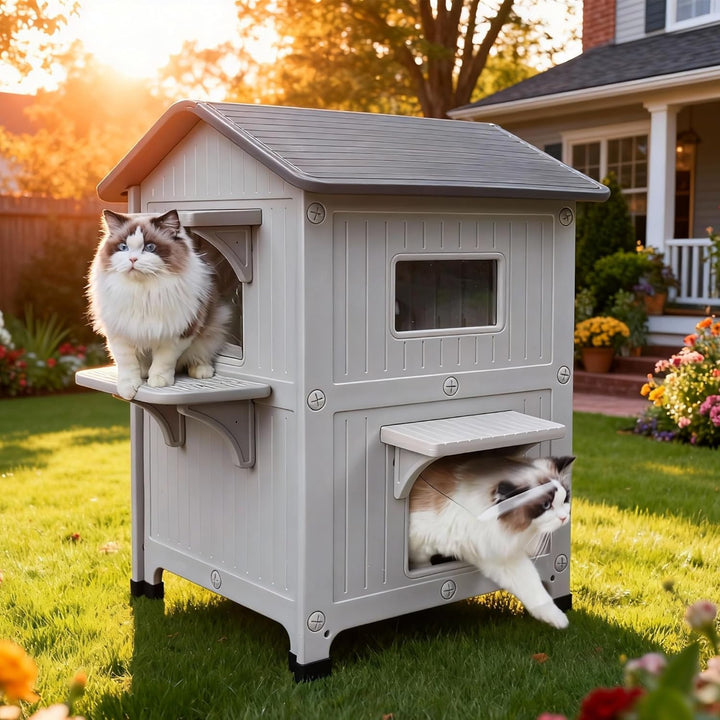 Katzenhaus Outdoor, 2 Geschichte Outdoor-Häuser für Katzen Kunststoff ausserhalb Katze Unterschlupf