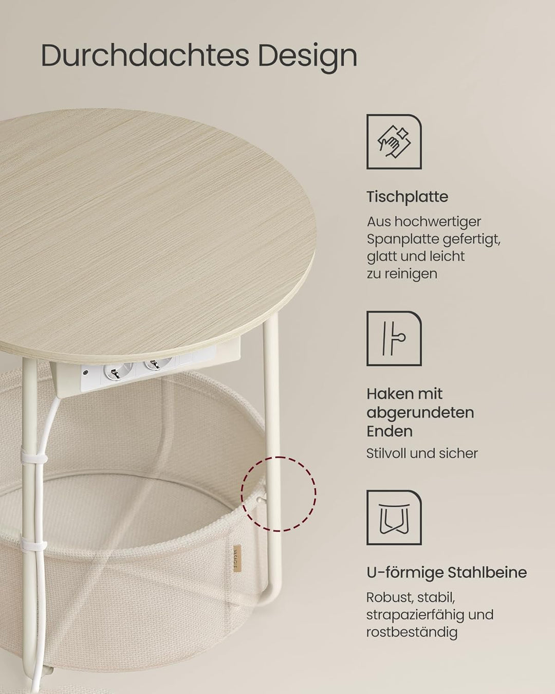 VASAGLE Beistelltisch rund, Kleiner Tisch, Couchtisch mit Steckdose, Wohnzimmertisch, Korb aus Stoff