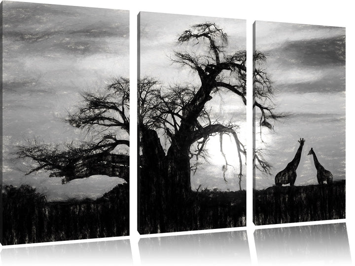 Pixxprint Zwei Giraffen in der Wüste Kohle Zeichnung Effekt 3-Teiler Leinwandbild 120x80 Bild auf Le