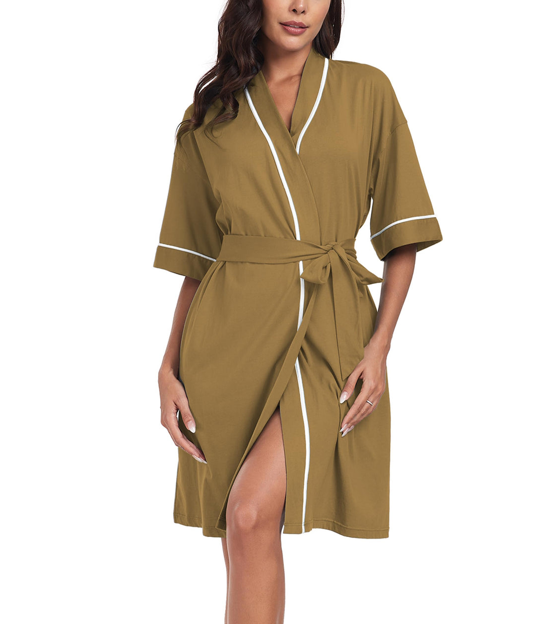 COLORFULLEAF 100% Baumwolle Bademantel Damen Kurz Morgenmantel Leicht Knielang Kimono Saunamantel Na