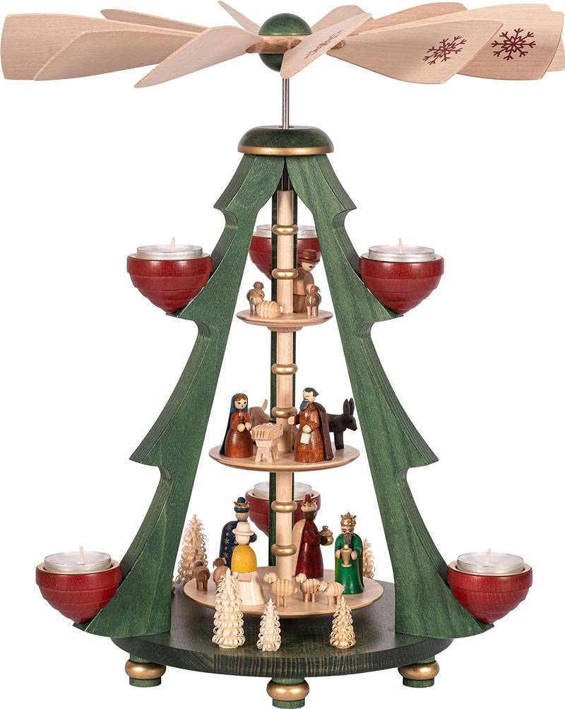 Richard Glässer Seiffen Weihnachtspyramide Christi Geburt, 3-stöckig, 40 cm hoch, original Erzgebirg
