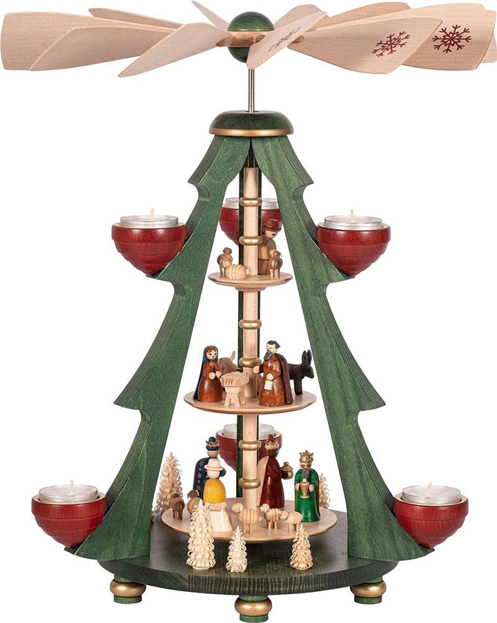 Richard Glässer Seiffen Weihnachtspyramide Christi Geburt, 3-stöckig, 40 cm hoch, original Erzgebirg