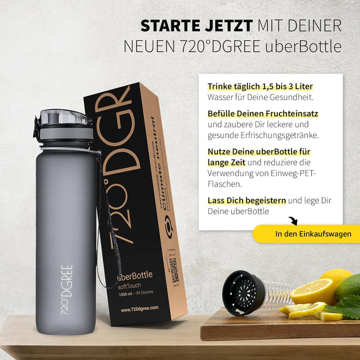 720°DGREE Trinkflasche “uberBottle“ 350ml, 500ml, 650ml, 1l, 1,5 Liter softTouch +Früchtebehälter -