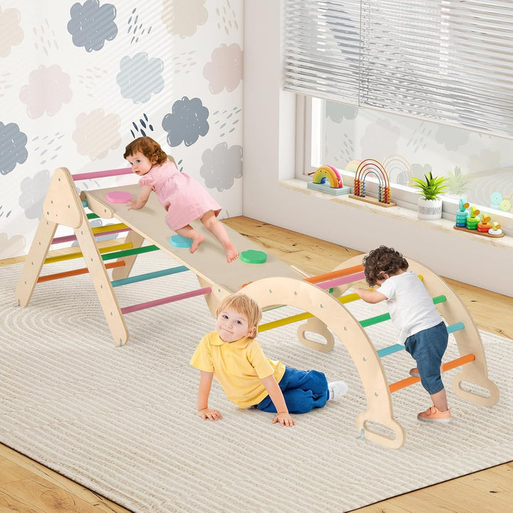 GOPLUS Klettergerüst Indoor, 4 in 1 Kletterdreieck & Kletterbogen & Leiter & Rutsche, Sprossendreiec
