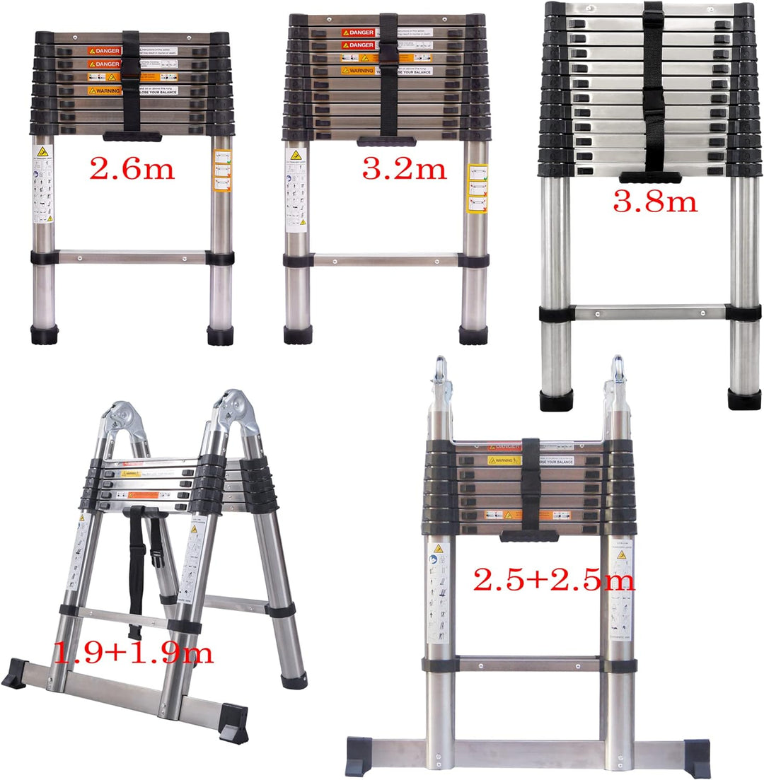 2,6M Teleskopleiter, Mehrzweckleiter ‎Edelstahl, 150 kg/330 Pfund Belastbarkeit, Ausziehbar Aluleite