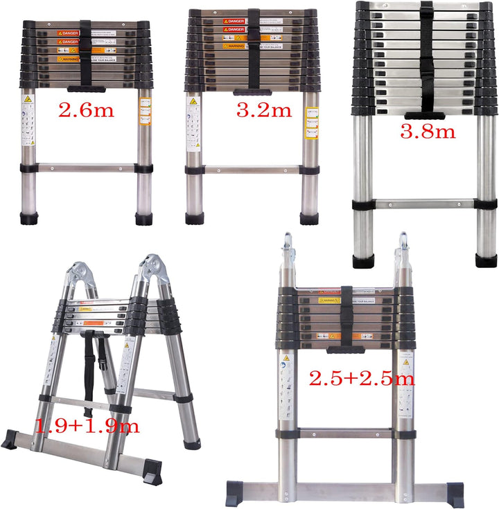 3,2M Teleskopleiter, Mehrzweckleiter ‎Edelstahl, 150 kg/330 Pfund Belastbarkeit, Ausziehbar Aluleite
