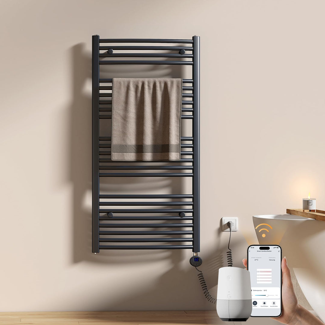 EMKE WiFi Badheizkörper Elektrisch 1200x600 mm - Gebogen Handtuchheizkörper Elektrisch, Elektrischer