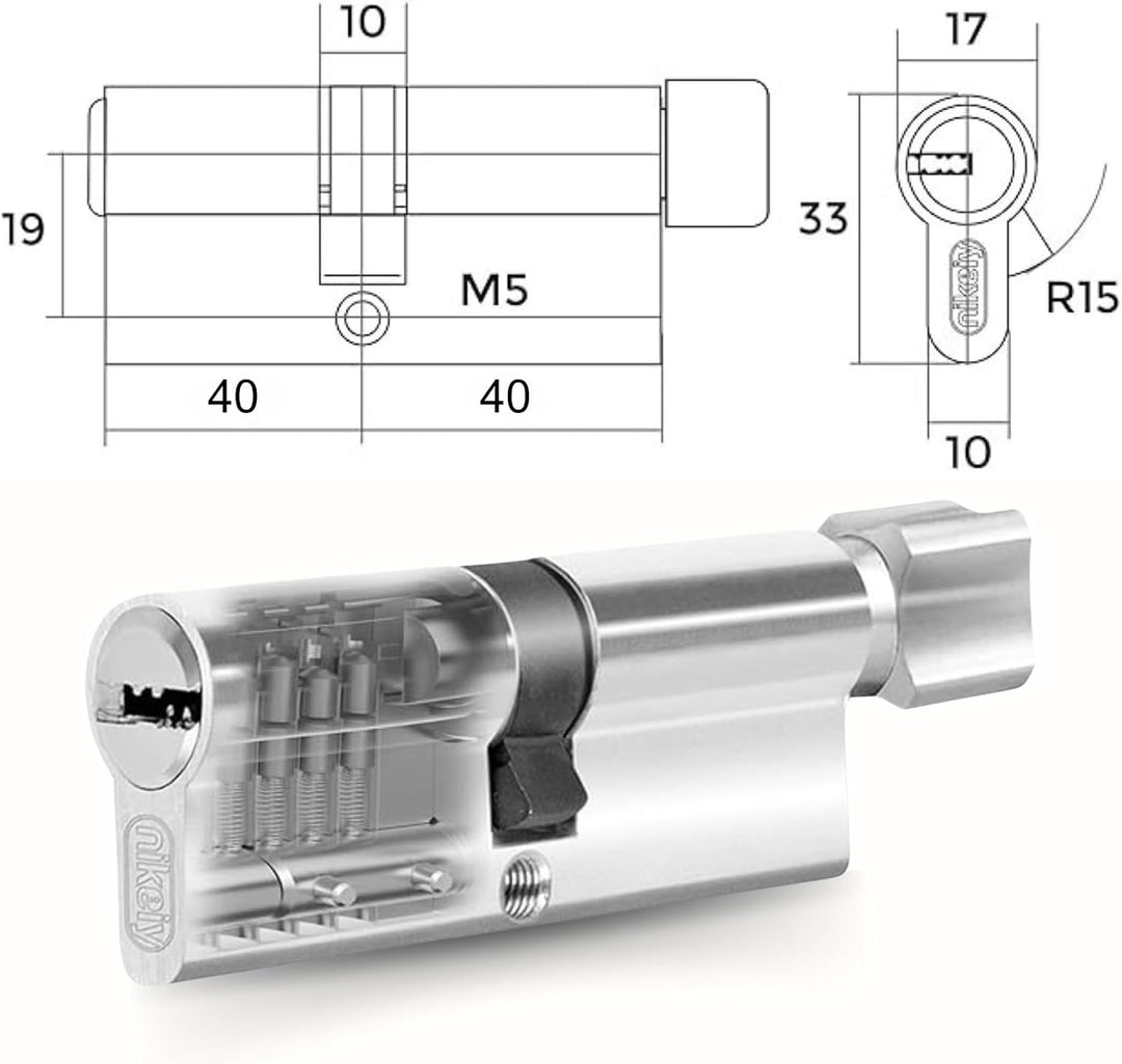 Schliesszylinder 40/40mm mit 10 Einzelschlüsseln, Set mit 4 Doppelzylindern mit Knauf, 8 Schrauben,