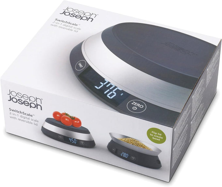 Joseph Joseph SwitchScale - 2-in-1 digitale Küchenwaage mit umkehrbarem Deckel, 5kg Fassungsvermögen