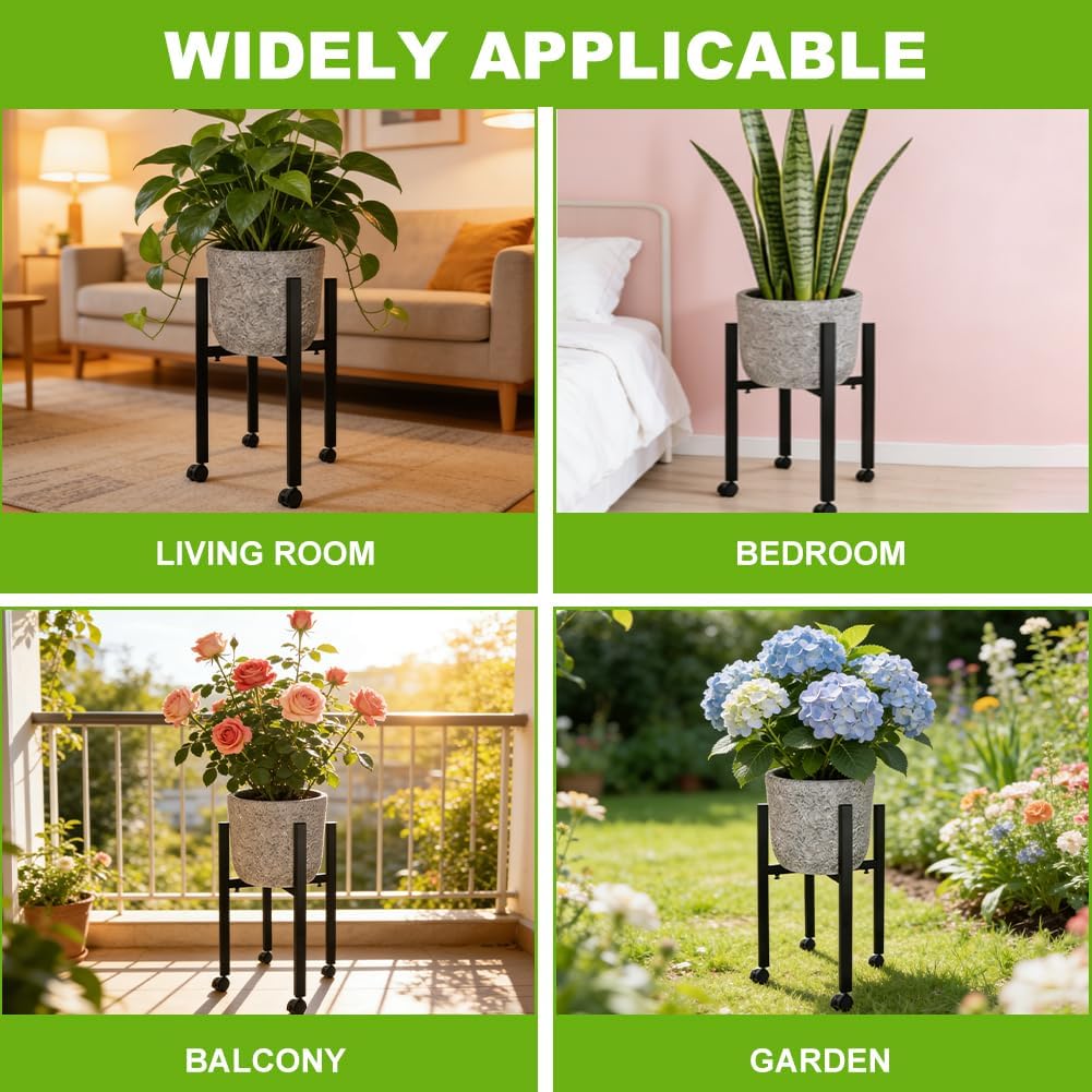 Blumenständer Metall Schwarz Verstellbar mit 4 Rollen, Blumenhocker & Pflanzenständer Hoch für Töpfe