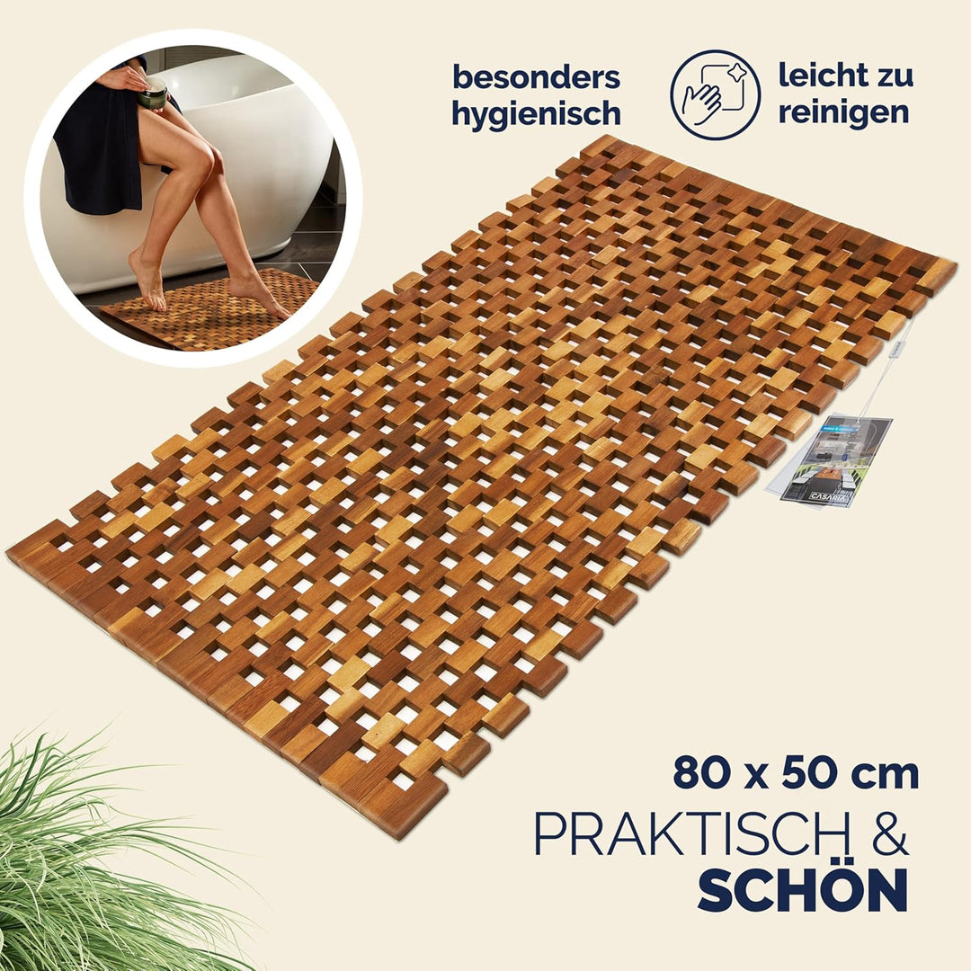 DEUBA® Badvorleger Badematte Holz 80 x 50 cm FSC-zertifiziertes Akazienholz Rutschhemmende Gummistop