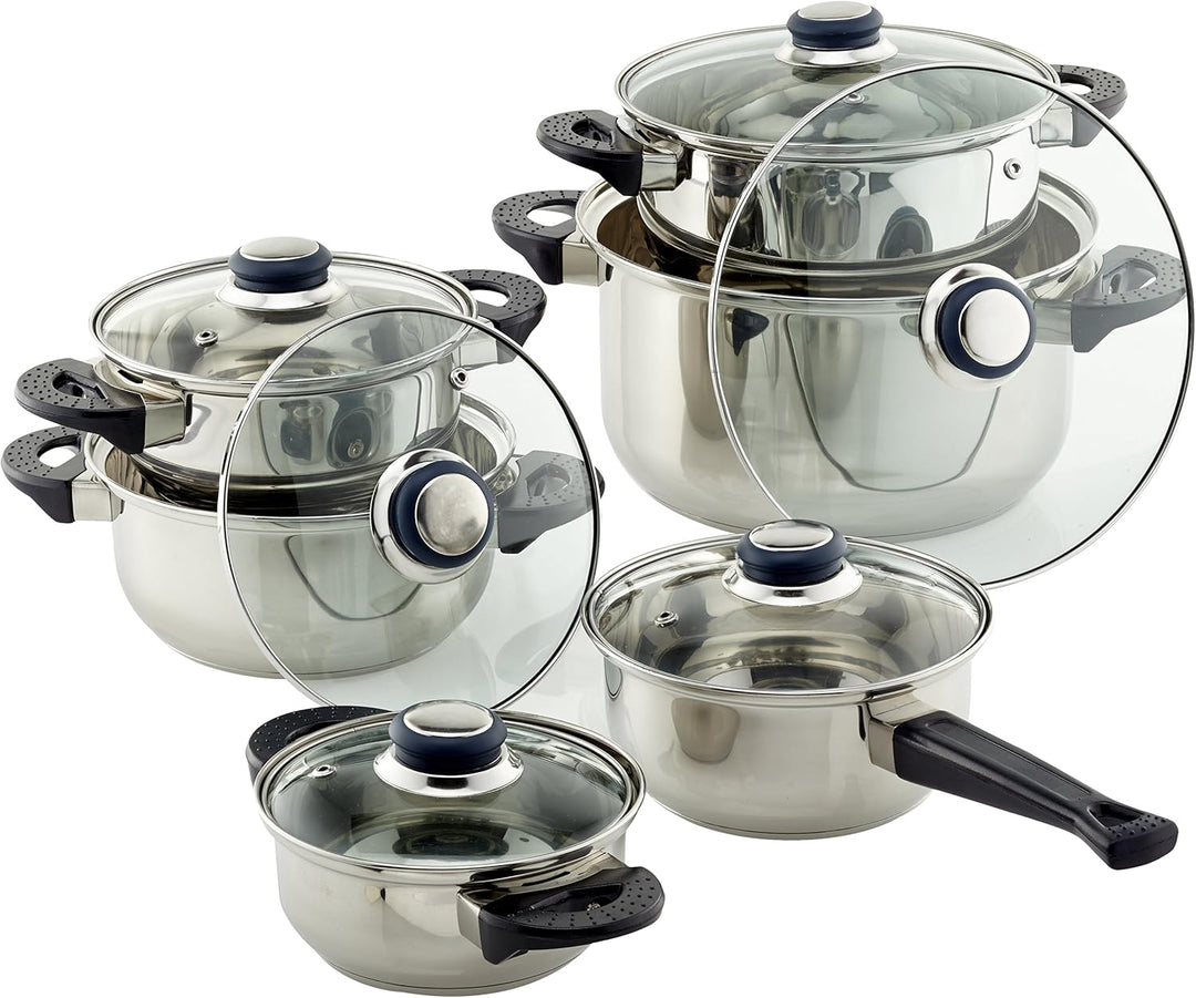 axentia Edelstahl-Topfset Karin 6-teilig, 5 Kochtöpfe & 1 Stiel-Kasserolle mit Glasdeckel, mit Schüt