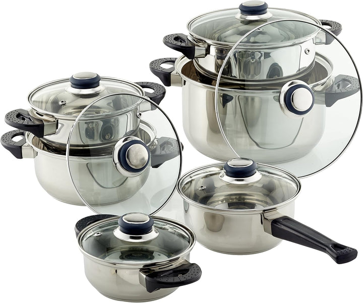 axentia Edelstahl-Topfset Karin 6-teilig, 5 Kochtöpfe & 1 Stiel-Kasserolle mit Glasdeckel, mit Schüt