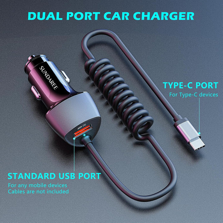 SUNDAREE Auto Ladegerät USB C Kabel,90W 12V 24V Kfz Handyladegeräte PD Typ C Schnellladen 1.8M Spira