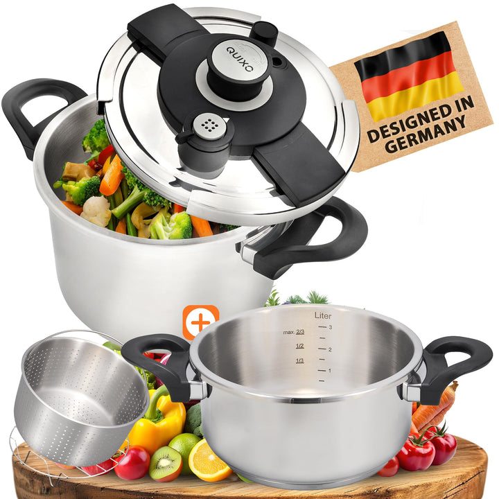 QUIXO Schnellkochtopf Set 6L + 4L VitaSmart mit Garkorb + Kochzeitsignal für alle Herdarten [NEU mit