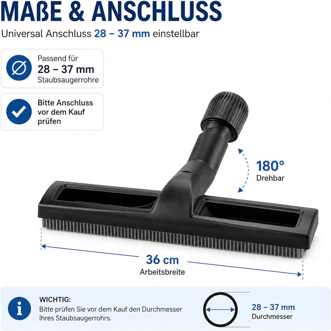 DeClean Universal Wassersaugdüse für Staubsauger – 36 cm, Gummilippen & Nylonhaar, Flexibles Gelenk,