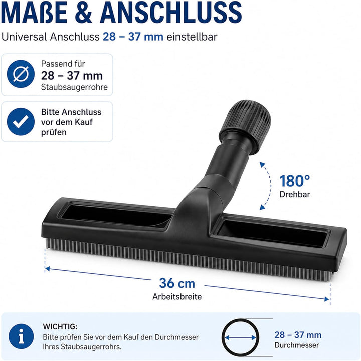 DeClean Universal Wassersaugdüse für Staubsauger – 36 cm, Gummilippen & Nylonhaar, Flexibles Gelenk,