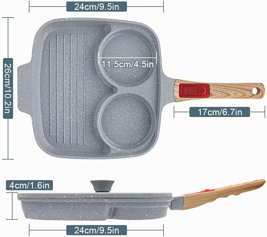 Spiegeleipfanne mit Deckel 3 Loch, 26cm Antihaft Keramikbeschichtung Grillpfanne Dreigeteilt Pancake