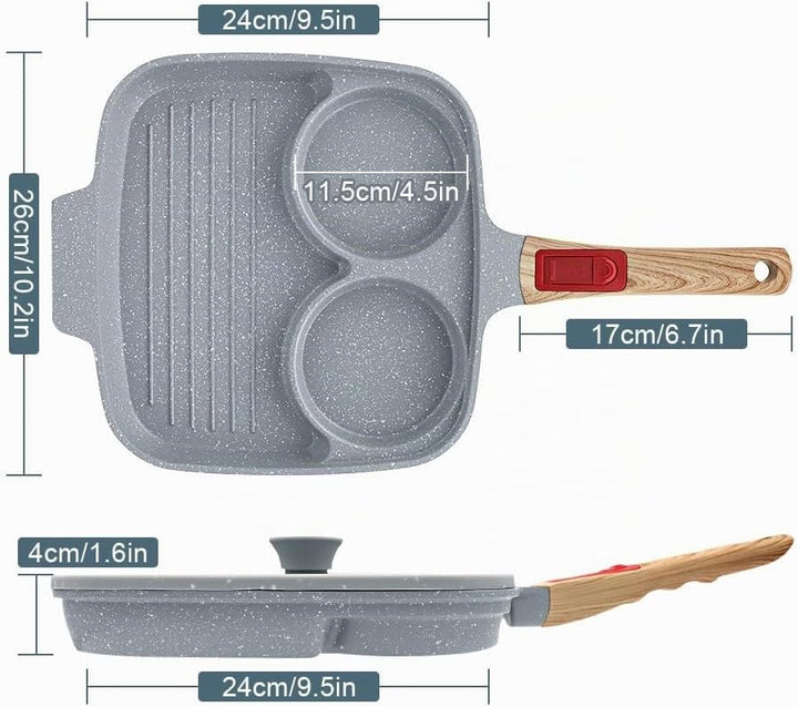 Spiegeleipfanne mit Deckel 3 Loch, 26cm Antihaft Keramikbeschichtung Grillpfanne Dreigeteilt Pancake