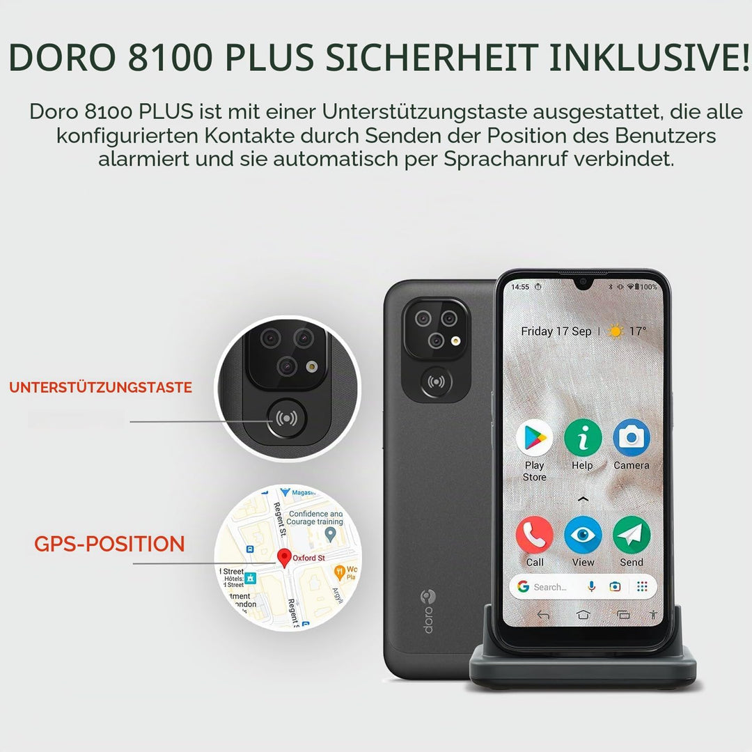 Doro 8100 Plus – 4G entsperrtes Smartphone für Senioren – 13 MP Dreifach-Kamera – wasserfestes Andro