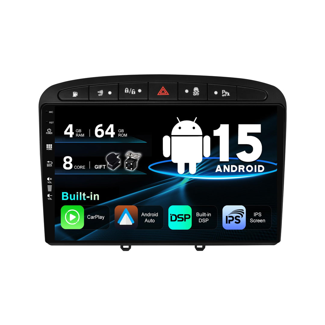 SXAUTO Android 12 IPS Autoradio für Peugeot 308/408 (2010-2016) - Eingebaut Carplay/Android Auto/DSP