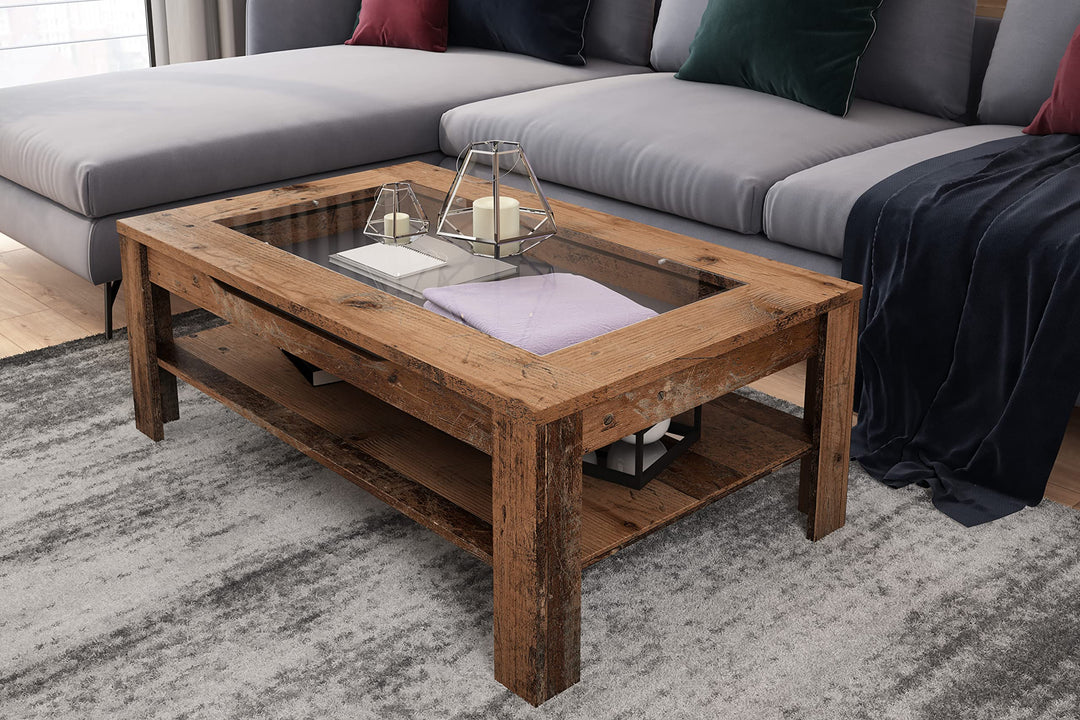 byLIVING Couchtisch Ralph/moderner Sofatisch mit Glaseinlage und grosszügiger Schublade in Old Wood-