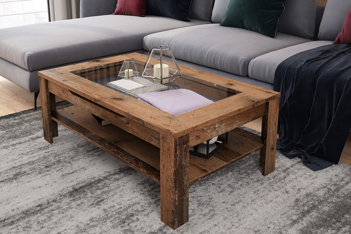 byLIVING Couchtisch Ralph/moderner Sofatisch mit Glaseinlage und grosszügiger Schublade in Old Wood-